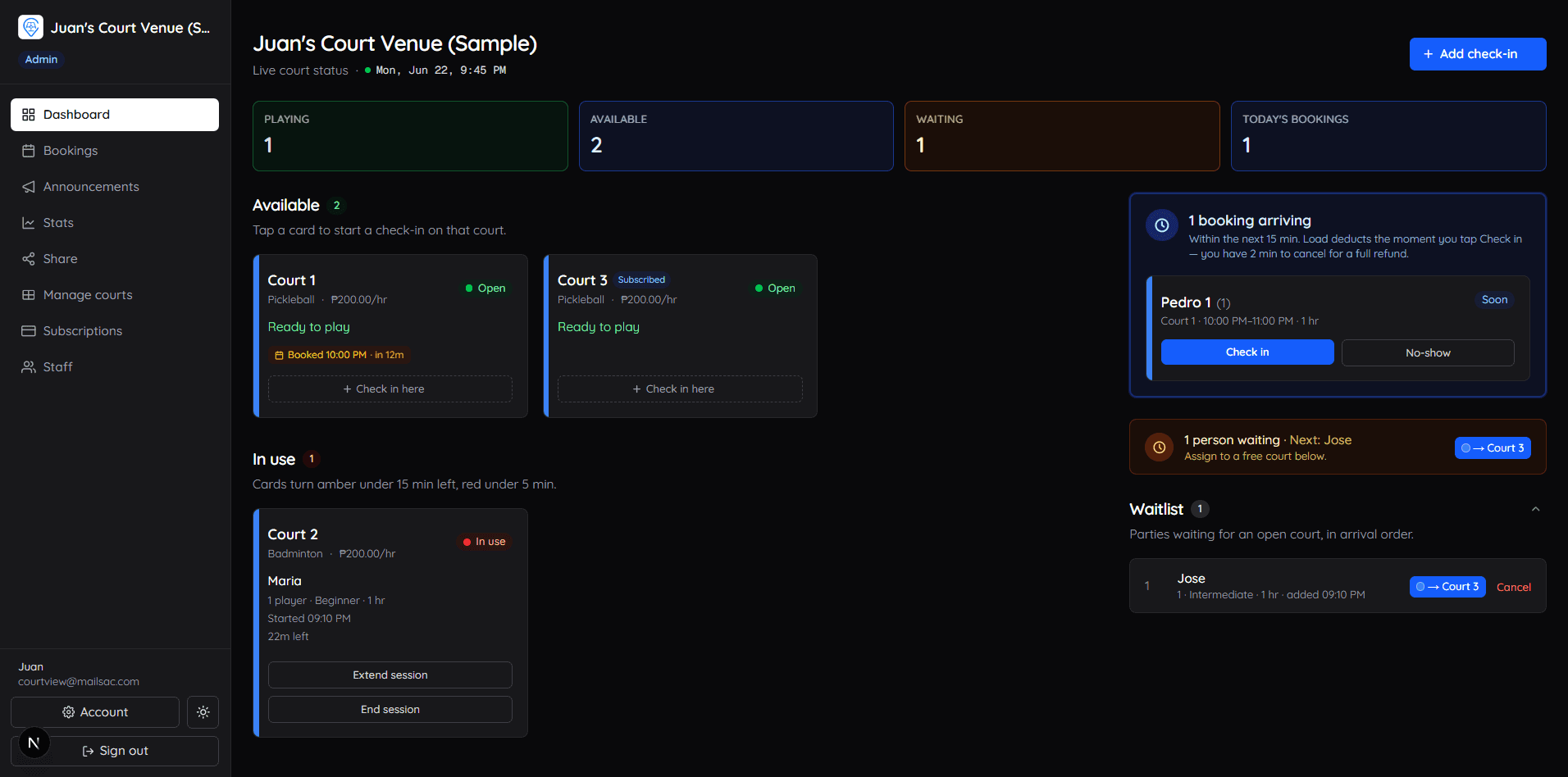 CourtView dashboard — live court status, bookings, and waitlist