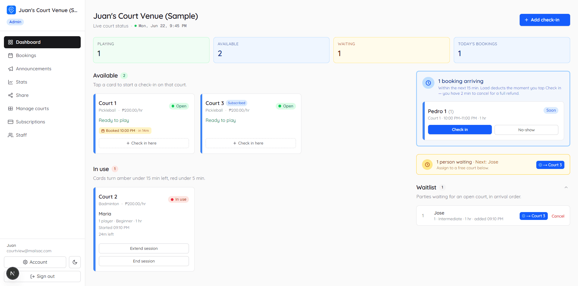 CourtView dashboard — live court status, bookings, and waitlist